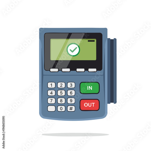 A digital time clock with numerical keypad, "IN" and "OUT" buttons, and a checkmark