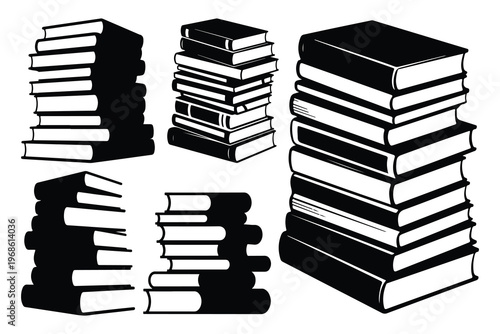 Stacks of books in various sizes and orientations piles