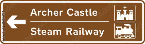 Tourist Direction Sign to Archer Castle and Steam Railway with Left Arrow in Brown for Heritage Attraction Navigation and Travel Guidance Design