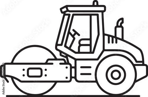 Road roller, construction vehicle, heavy equipment, industrial machine, black line icon