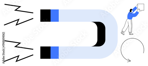 Magnet concept attraction with lightning bolts, circle symbol, and a person holding a sign. Ideal for marketing, customer engagement, growth, branding, and communication