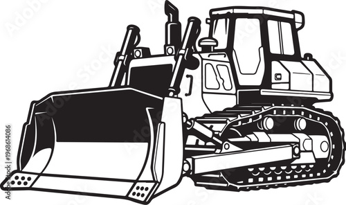 Bulldozer, construction vehicle, heavy equipment, black and white vector, illustration