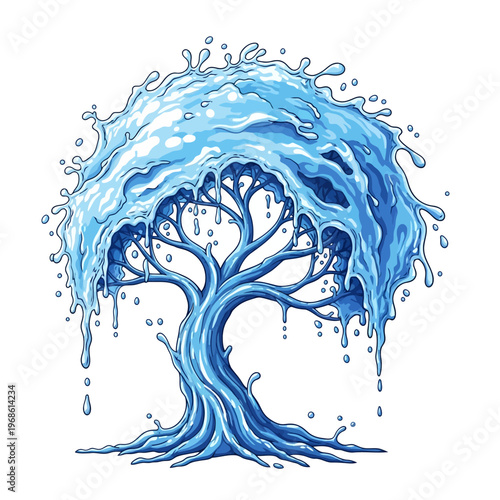 Energetic graphic illustration of a majestic tree formed by vibrant blue water splashes, symbolizing refreshing nature, continuous growth, and vitality