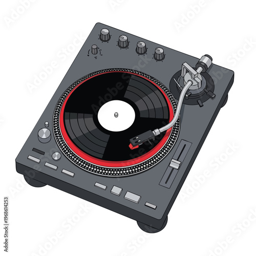 A gray turntable with a black record, red trim, and tonearm is shown on a white background