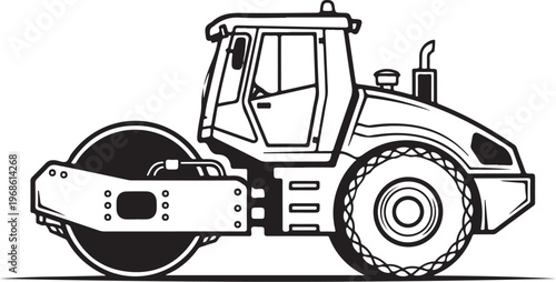 Road roller, construction vehicle, heavy equipment, industrial machinery, black and white vector