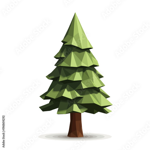 Low poly evergreen tree illustration with geometric facets. Stylized conifer for digital art and game design