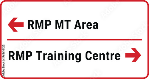 Military Direction Sign to RMP MT Area and RMP Training Centre with Left and Right Arrows for Road Navigation and Facility Guidance Design