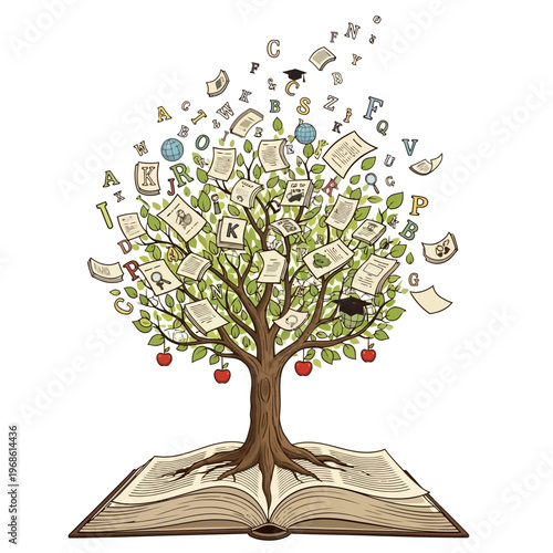 Illustration of a wisdom tree rooted in an open book, its branches bearing symbols of education, learning, and intellectual development