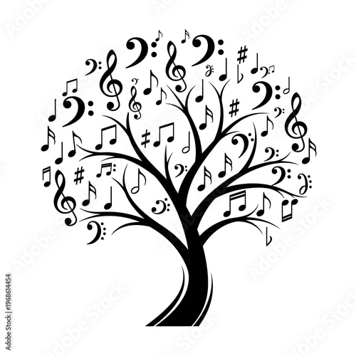 Elegant black and white illustration of a tree whose branches and leaves are intricately composed of various musical notes, symbolizing the harmony of sound and nature