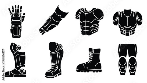 Medieval armor silhouette set, detailed glove, arm, shoulder, knee, leg guards, knight protection concept, vector illustration