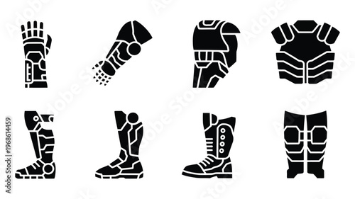 Medieval armor silhouette set, detailed glove, arm, shoulder, knee, leg guards, knight protection concept, vector illustration