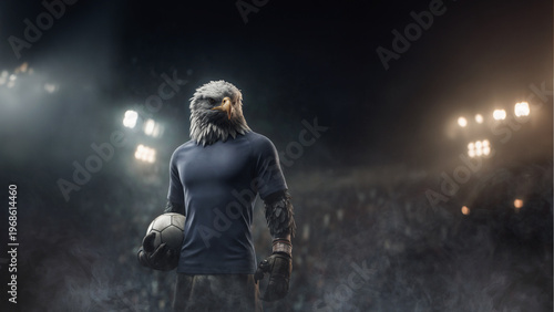 a American eagle in textured soccer game field with neon fog - center, midfield