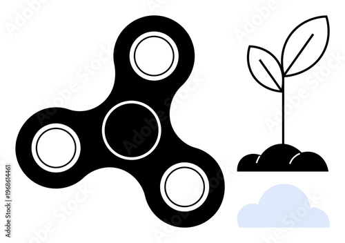 Stress relief, personal development, mindfulness, eco-consciousness, self-care, education. Fidget spinner and sprouting plant beside a cloud. Stress relief and personal development
