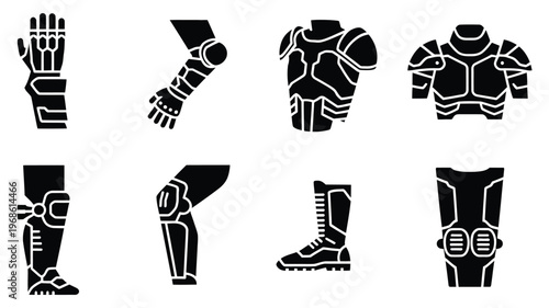Medieval armor silhouette set, detailed glove, arm, shoulder, knee, leg guards, knight protection concept, vector illustration