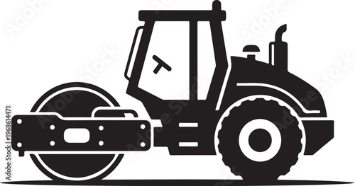 Road roller, construction vehicle, heavy equipment, black silhouette, industrial machine