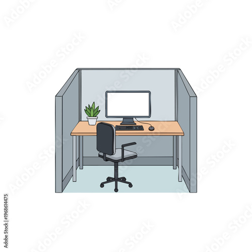 Office cubicle with computer, chair, plant, and mouse