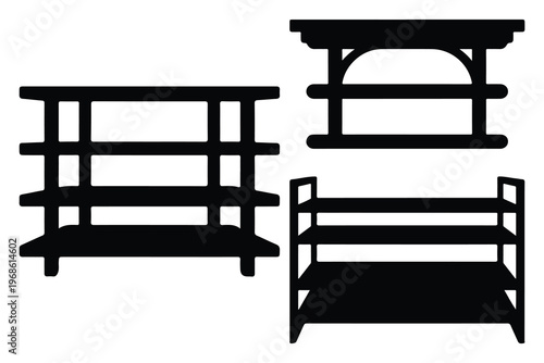 Black silhouettes of three wooden shelves furniture