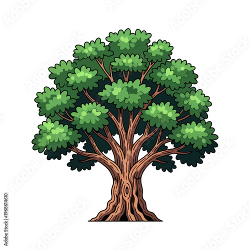 Vibrant cartoon illustration of a mature green tree with a thick trunk and lush foliage, symbolizing natural growth