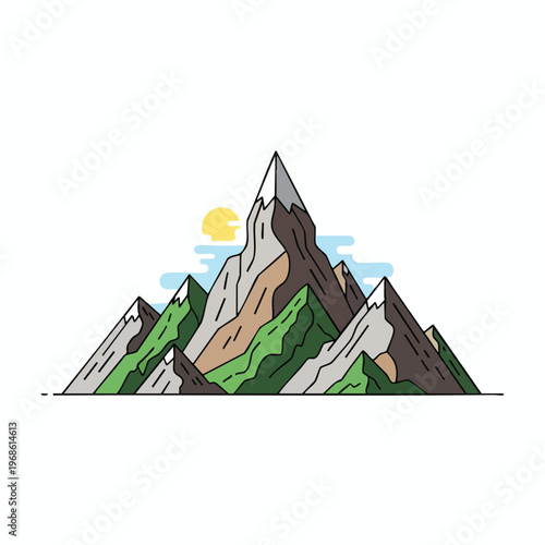 Stylized mountain range with sun and clouds in a minimalist flat design