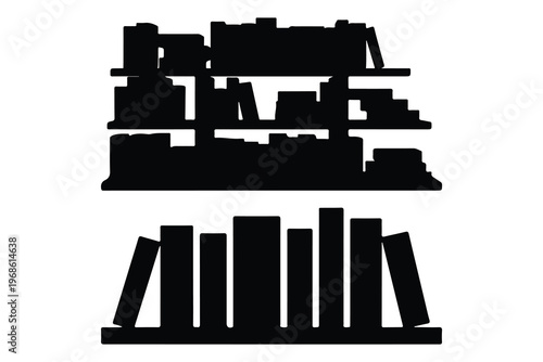 Black silhouettes of city skyline and books on shelves