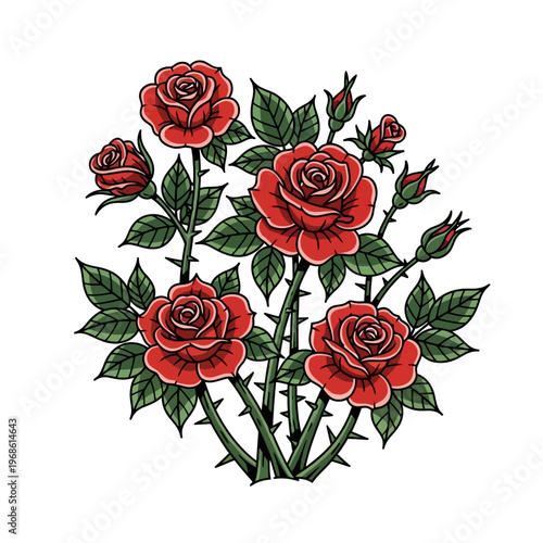 Vibrant traditional style illustration depicting a beautiful cluster of blooming red roses with lush green leaves and sharp thorny stems, symbolizing timeless beauty