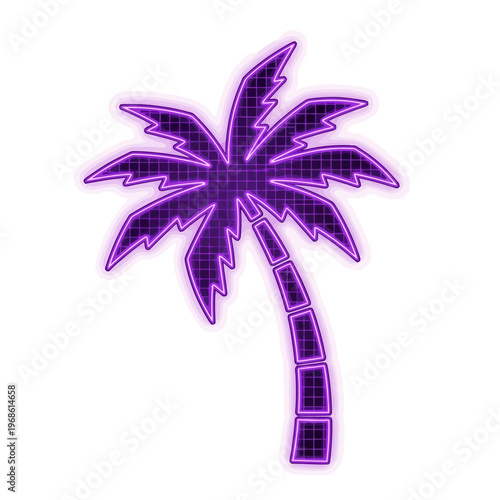 Vibrant purple neon palm tree illustration, a retro glowing graphic symbol evoking tropical aesthetics and nightlife energy for summer designs