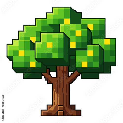 Pixelated Green Tree with Yellow Fruits, Digital Art Illustration