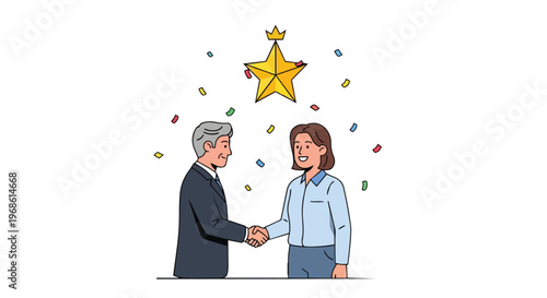 Business partners shaking hands under a celebratory golden star with falling confetti