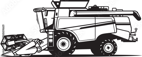 Black and white combine harvester, agricultural tractor, farming vehicle, illustration