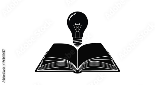 A black silhouette depicts an open book with a glowing lightbulb resting atop symbolizing knowledge and ideas silhouette high quality professional