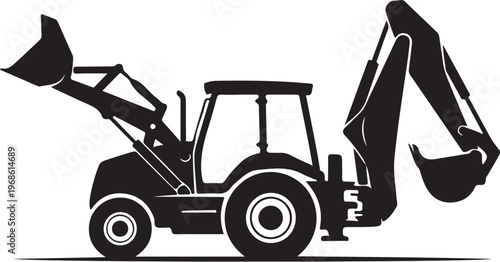 Black excavator, backhoe loader, construction vehicle, heavy equipment, silhouette icon