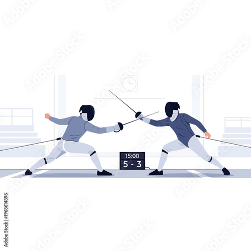 Fencing Match: Two Athletes Compete in Sport Arena with Scoreboard