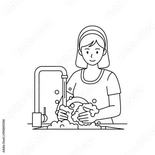 Woman washing dishes with soap and water at kitchen sink, clean home hygiene
