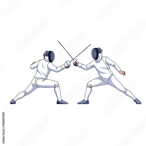 Two Fencers in White Uniforms Sparring with Swords on White Background