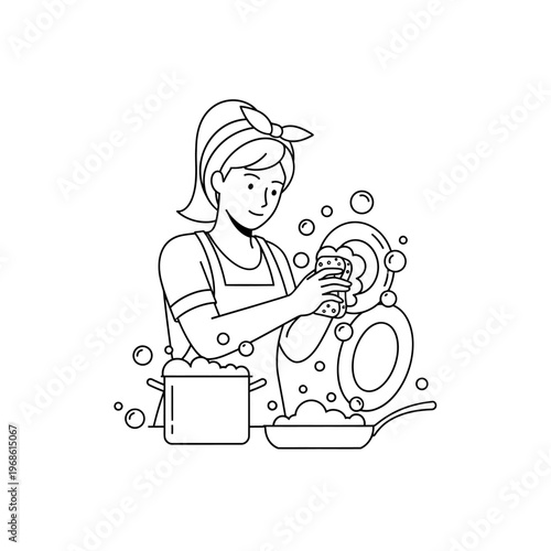 Woman washing dishes with sponge, kitchen chores, line art illustration