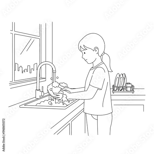 Young girl washing dishes by hand at kitchen sink, line art illustration