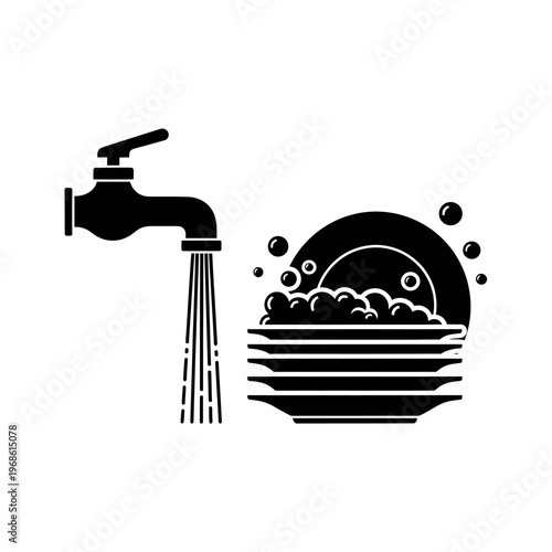 Black icon of a faucet with running water and a stack of dirty dishes with soap suds