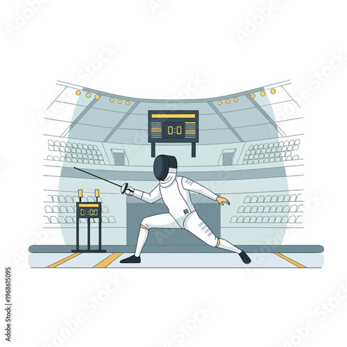 Fencer Competing in Arena with Scoreboard, Sports Championship