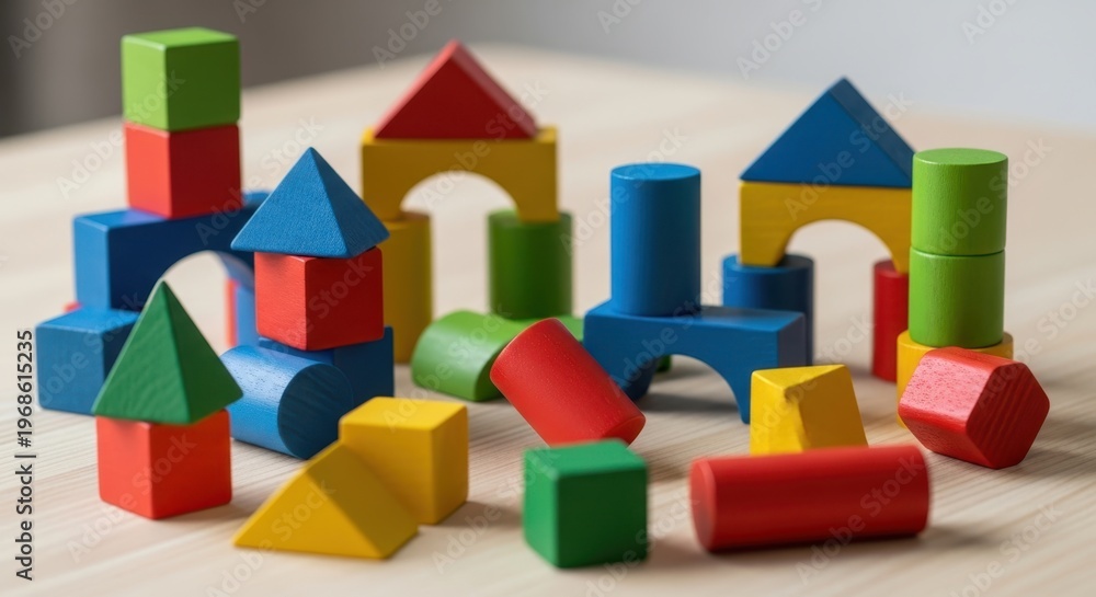 Fototapeta premium colorful wooden building blocks scattered on a light surface