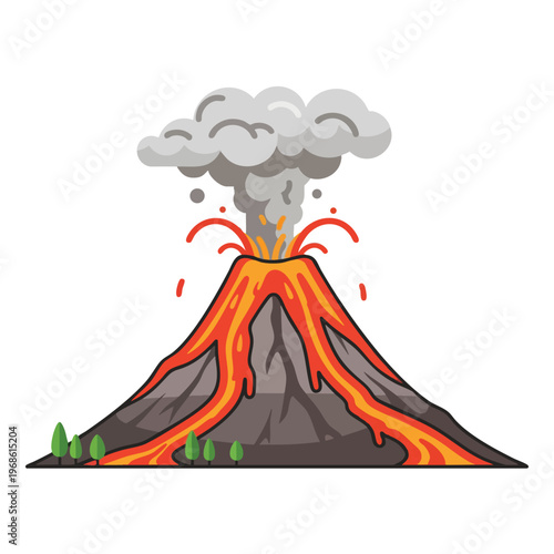 Animated volcano erupting with lava flowing down its sides and smoke billowing upwards