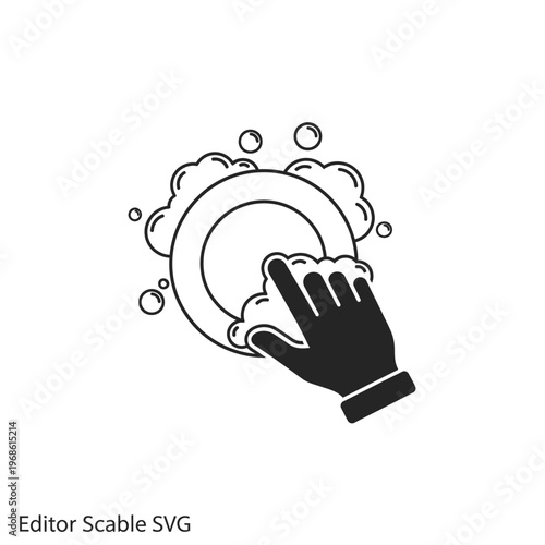 Hand washing a dish with soap bubbles, cleaning icon, simple line art illustration.
