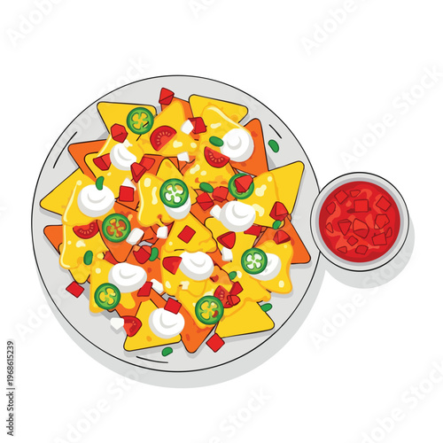 Loaded nachos on a plate with a side of salsa dip
