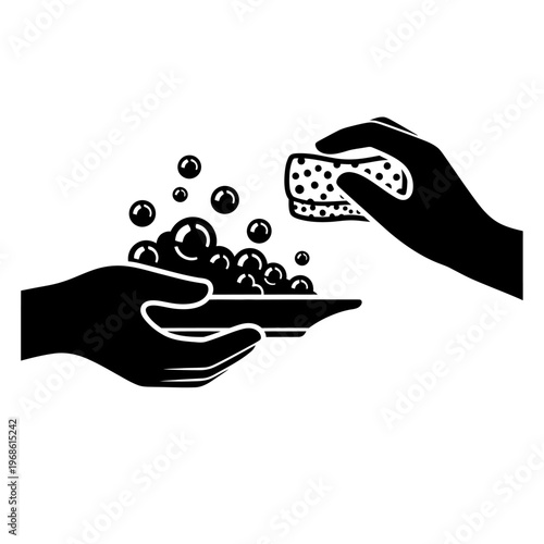 Hand washing dishes with soap bubbles and sponge, cleaning concept, icon illustration