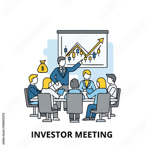 Business meeting presentation showing growth chart and money bag, with attendees around a table