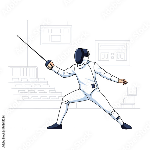 Fencer in action pose, holding ?p?e sword in fencing arena, competitive sport illustration