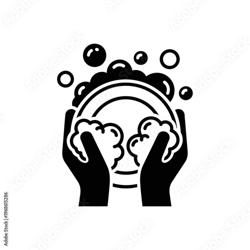 Hands washing a plate with soap bubbles and foam, black and white icon