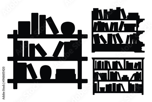 Black silhouettes of bookshelves with books bookshelf