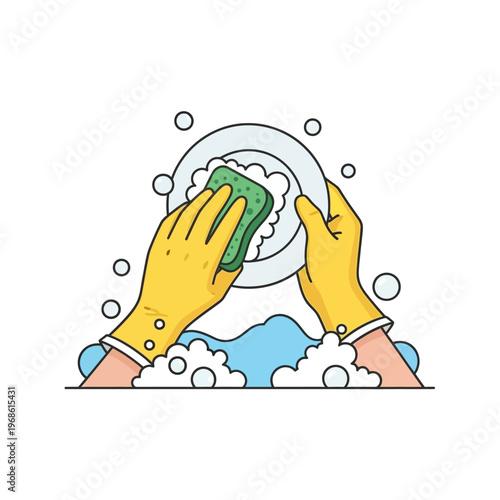 Hands washing dishes with sponge and soap bubbles, hygiene, cleaning concept
