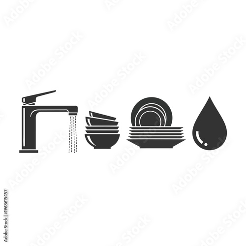 Kitchen Sink Icons: Faucet, Dishes, Water Drop - Cleaning and Hygiene