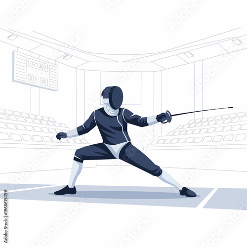 Fencer in action, competitive sport, fencing match, athletic stance, indoor arena, sports illustration
